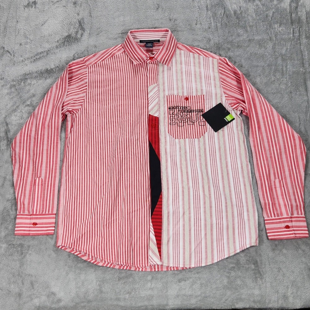 Marithe Francois Girbaud Shirt Mens Large Red Striped Colorblock Long Sleeve